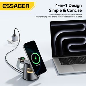 China ESSAGER OJD-132 折りたたみ式 4 in 1 15W マグネット式ワイヤレス充電スタンド ステーション LEDライト付き 時計 イヤホン 電話用 wholesale
