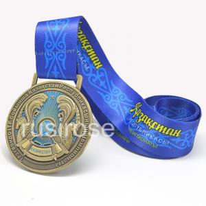 China Kazakhstan 3D antique bronze medals customized, with blue ribbon medal supplier