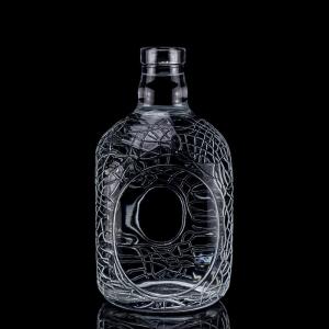 China Glass Round Carved 700ml 750ml Vodka Glass Bottle Wine Bottle With Cork Sealing Type supplier