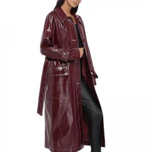                  Wine Red Trench Women&prime;s Slim Motorcycle PU Leather Coat Long Slim with Belt Women&prime;s Leather Trench Coats             