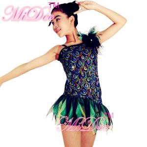 China Ruffle Jazz Tap Costumes Striking Peacock One Shoulder Dress With Shredded Organza Skirt supplier