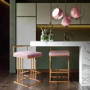 China Modern brushed brass gold stainless steel counter stool velvet upholster barstool for cafe bar wholesale