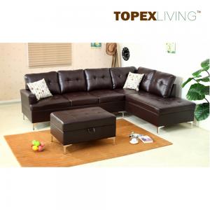 China Sectional Sofa Leather Brown with Cushions,Stylish sofas with Chaise,Ottoman table with storage,Modern Sofa  Metal legs. supplier