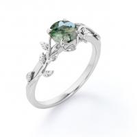China Round Cut Opaque White Druzy Mossy Green Agate Branch Leaf Design One-Stone Engagement Ring on sale