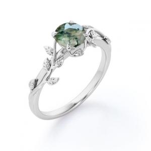 Round Cut Opaque White Druzy Mossy Green Agate Branch Leaf Design One-Stone Engagement Ring