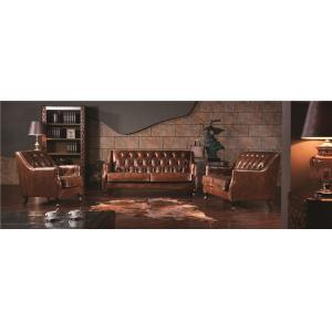 Retro Top Grain Soft Leather Sofa , Brown Leather Couch Set With Back Buttons