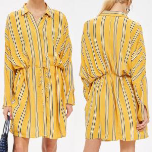 China Yellow Stripe Drawstring Ladies Casual Shirt Dress Long Sleeve for Women supplier