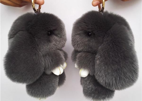 Dark Grey Real Rabbit Fur Keychain Cute Plush Animal Shape For Garment