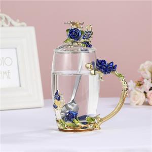 China Glass Enamel 320ml Coffee Mug Cups With Spoon Handmade Butterfly Rose supplier