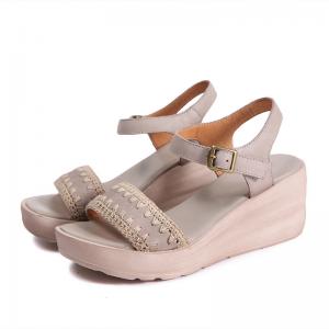 S510 Summer New Retro Leather Women'S Open-Toe Sandals Handmade Knitted Ladies Wedge Shoes Factory Direct Sales