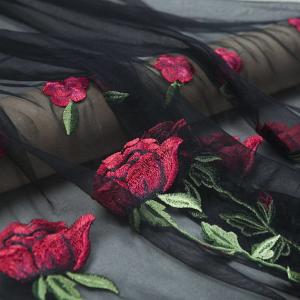 China Applique Black Embroidered Mesh Lace Fabric With 3d Red Floral Design For Bridal Dresses supplier