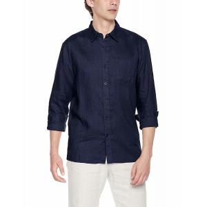 Blue Curved Hem Business Casual Linen Shirt Long Sleeve Collared Shirt