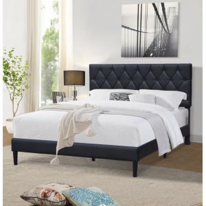 Black Facux Leather Upholstered Platform Bed Frame Queen Size With Tufted Headboard