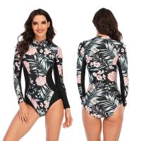 Stand Collar Womens Zipper One Piece Swimsuit Long Sleeve Printed Customized