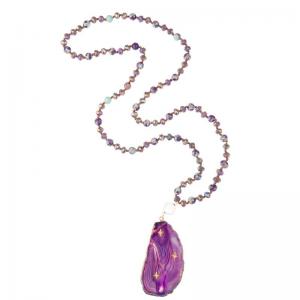 Glass Beads Handmade Beaded Necklace With Purple Agate Semi Precious Pendant