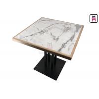 China 4 Person Buffet Laminate Dining Table White Marble Pattern HPL with Pine Wood Edge on sale