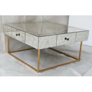 Large Size Square Mirrored Coffee Table Antique Gold Leaves Finish
