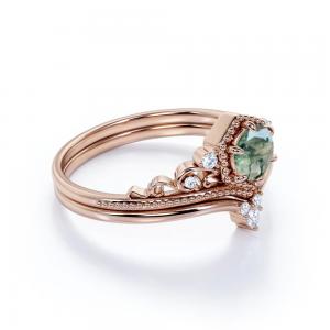 Filigree Chevron Tiara 0.6 carat Round Cut Moss Green Agate and CZ Wedding Ring Set in Rose Gold