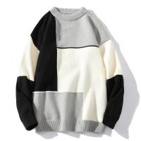 Acrylic Men Crew Neck Sweater White Black Green Color Block Knitted Oversize Sweater