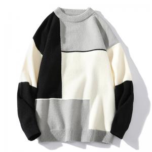 China Acrylic Men Crew Neck Sweater White Black Green Color Block Knitted Oversize Sweater supplier