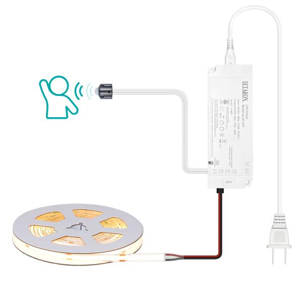 LETARON COB Bande Lumineuse LED 24V, Ruban LED, 480 LED/M, Super Lumineux, Haut Lumen, Blanc Chaud 3000K, 3m, Dimmable avec Ruban 3M, Alimentation 30W UL, INTERRUPTEUR PIR pour Chambre, Maison, Cuisine DIY