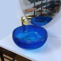 China Italian Design Blue Glass Sink Bowl 16.5 Inch Round Glass Above Counter Basin on sale