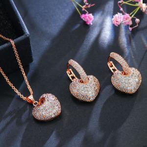Elegant Leaf Shape Heart-Shaped Party Earrings and Necklace CZ Gold Plated Necklace Wedding Jewelry Set for Bride