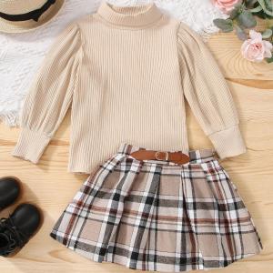 China Children'S Outfit Sets Girls Plaid Skirt Suit Mid-High Collar Pullover Skirt Suit supplier