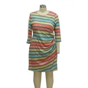 Colorful Printed 3 4 Sleeve Cocktail Dresses , Striped Casual Dress For 40 Year Old Woman