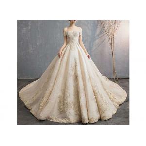 Champagne Off Shoulder Long Tail Bridal Gown Generous Lace Beading Custom Size
