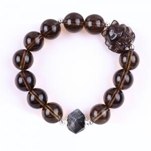 14mm Bead Smoky Quartz Crystal Bead Bracelet With Nine Tail Fox Carving