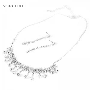 China VICKY.HSIEH Silver Bridal Crystal Rhinestone Drop Necklace Earring Set supplier