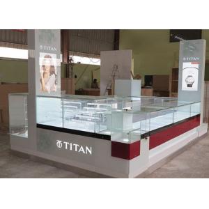 Watch Custom Mall Kiosk Crystal Glass Combine Wood With LED Spot Lights