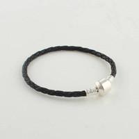 Black Leather Chain Authentic 925 Sterling Silver Bracelet For Pandara Beads