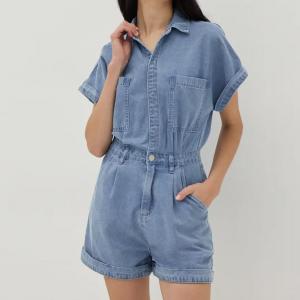 China                  Summer Women Short Sleeve Romper Fashion Casual Blank Button up Playsuit Denim Short Jumpsuit              supplier