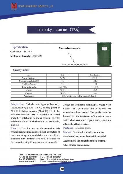 Amina do Tri Alkyl (7301or N235) Trioctyl/Decylamine CAS NÃO: 68814-95-9, agente