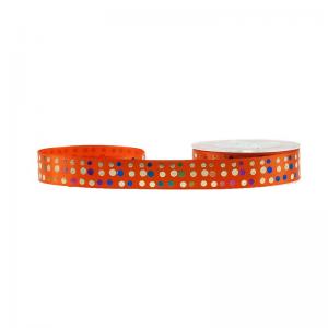 Tear Resistant Dots Printed Satin Ribbon With Foil Rainbow Gold 13mm Width