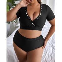 China Pearl Sexy Plus Size Swim Suits V Neck High Waist Bathing Suits For Curvy Women on sale