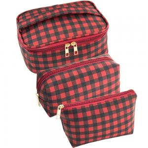3pcs Red Black Plaid Polyester Cosmetic Bag For Travel