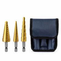 China 3 Piece Titanium Hss Step Drill Bit Set Hex Shank 1/8 - 3/4 With Storage Bag on sale