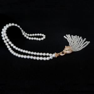 Round Shell Pearl Necklace with Cubic Zirconia Tassel Charm Gold Plated (SN702142)