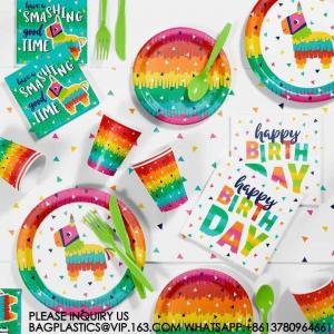 China Happy Birthday Party Decoration Set Tie-Dye Disposable Banner Paper Plates Tableware Set supplier