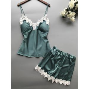 China Breathable Women Pajamas Sleepwear Satin Two Piece Lace Lingerie Set V Neck supplier