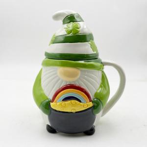 Custom Creative 3d Christmas Ceramic Mugs Spring Gnome Green Color Decorations With Lid