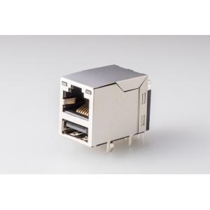 China Female Rj45 USB Connector 1 X 1 With Led And Emi Tab-Up Shielded 90 Degree Pcb Connector supplier