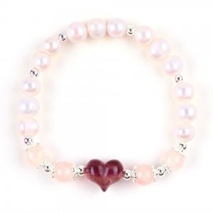 China 8MM Pink Freshwater Pearl Stretch Bracelet Heart Crystal Carving supplier