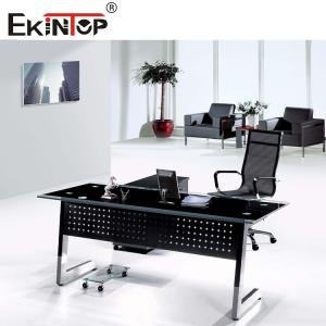 China Black Office Glass Desk with Drawers Metal Feet for Home and Business Use supplier