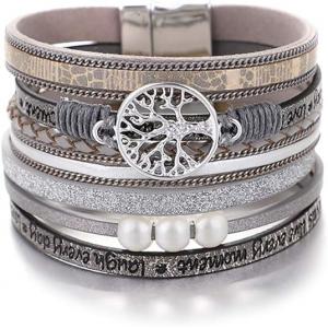 Leather Multi Layer Wrap Wide Magnetic Buckle Bracelet Bohemian Tree Of Life Series