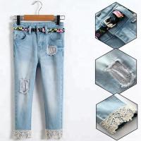 China Light Blue Slim Fit Girls Adjustable Waist Jeans Pant With Lace On Hem on sale
