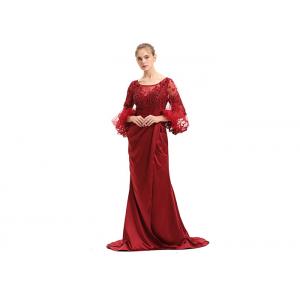 Ruched Red Ladies Evening Dresses , Balloon Long Sleeve Wedding Gown
